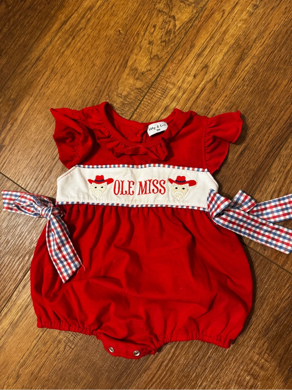 Ole Miss 12 mo girl  Bubble Romper with Gingham Ties